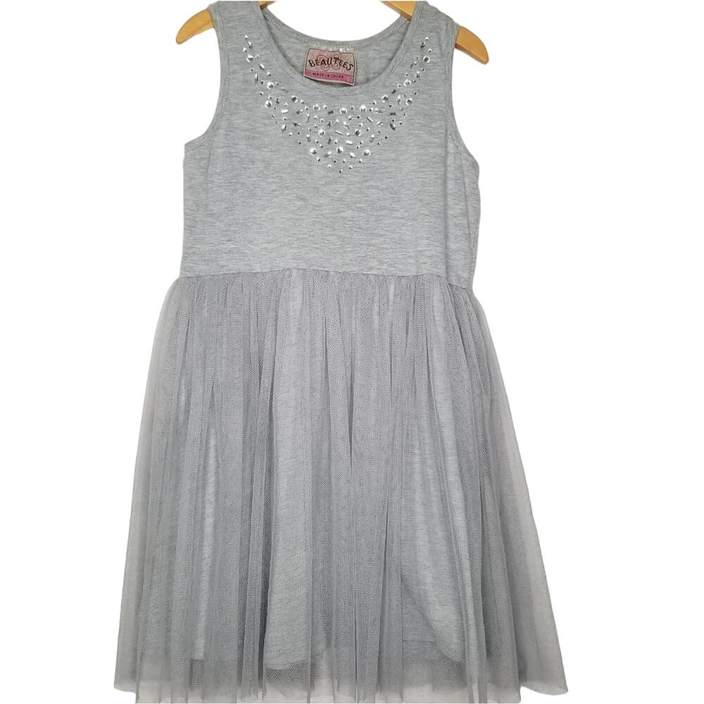 Beautees Rhinestone Skater Heather Grey Dress w/ Tulle Overlay, Girls Size: 6X